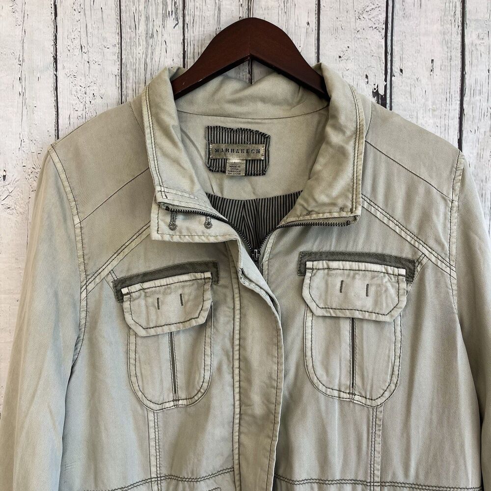 Marrakech Anthropologie Womens Utility Cargo Jacket Size L Green Grunge Lyocell - Picture 2 of 14